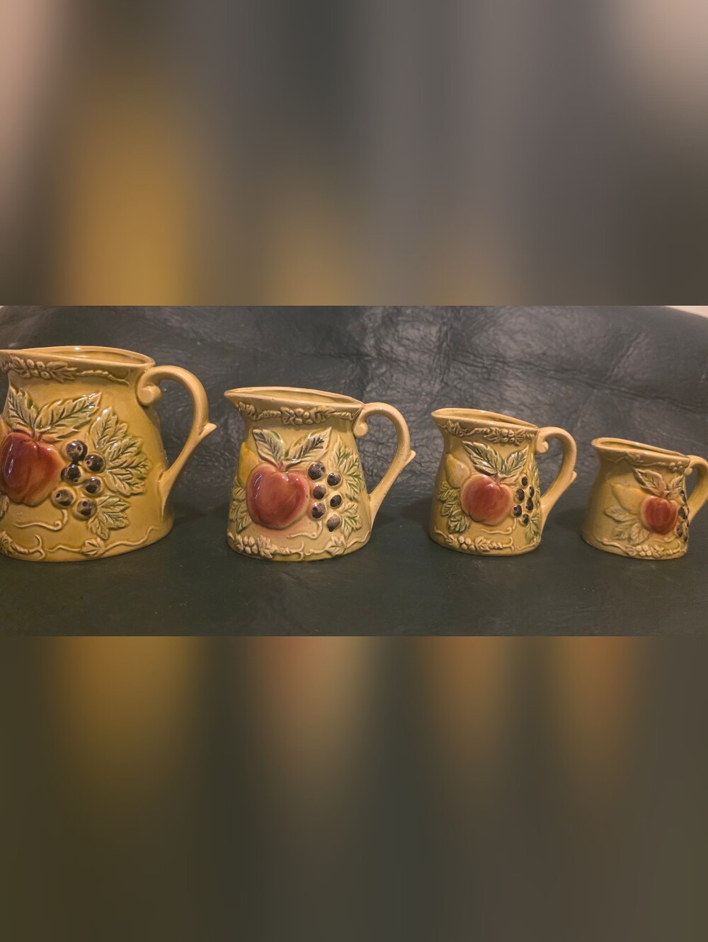 Vintage Fruit Relief Yellow Ceramic Pitcher Set - 4-Piece Japan